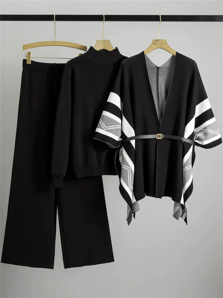 Street-Wave Women's Three-Piece Belted Shawl Cardigan Set With Soft Drape