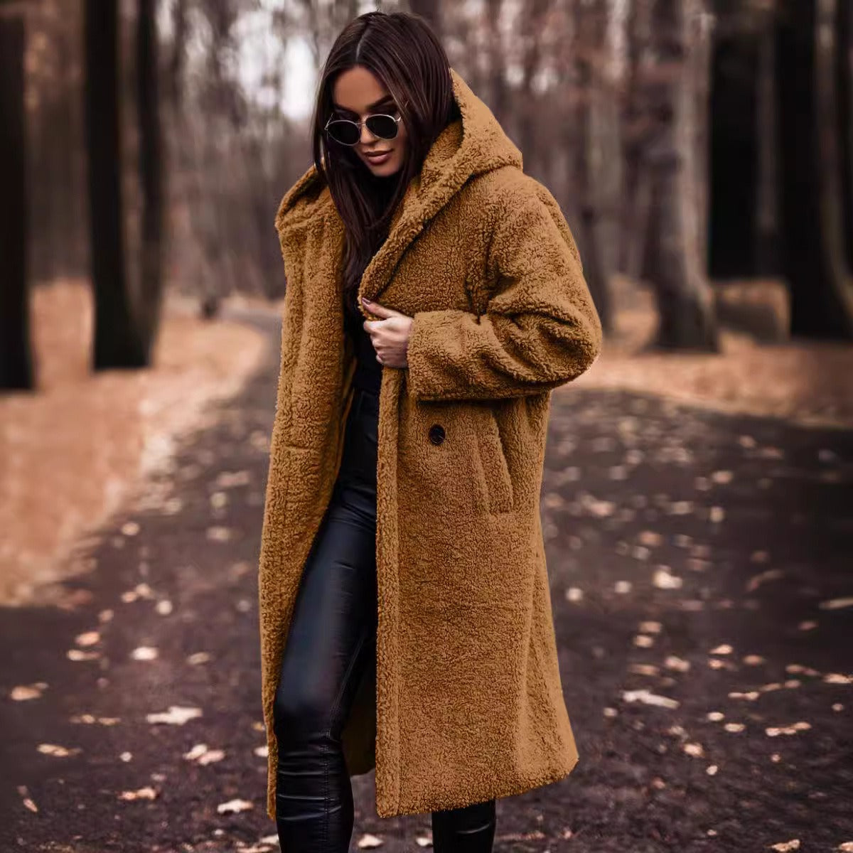 Street-Wave Women's Oversized Wool Coat With Hood And Button Front Full-Length Cozy Warmth