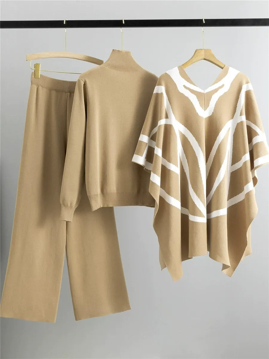Street-Wave Women Shawl Cape Set Three-Piece Cozy Layering