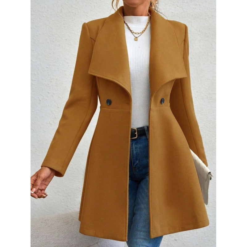 Street-Wave Wool Coat For Women Slim Fit Long Length Figure-Flattering With Classic Lapel
