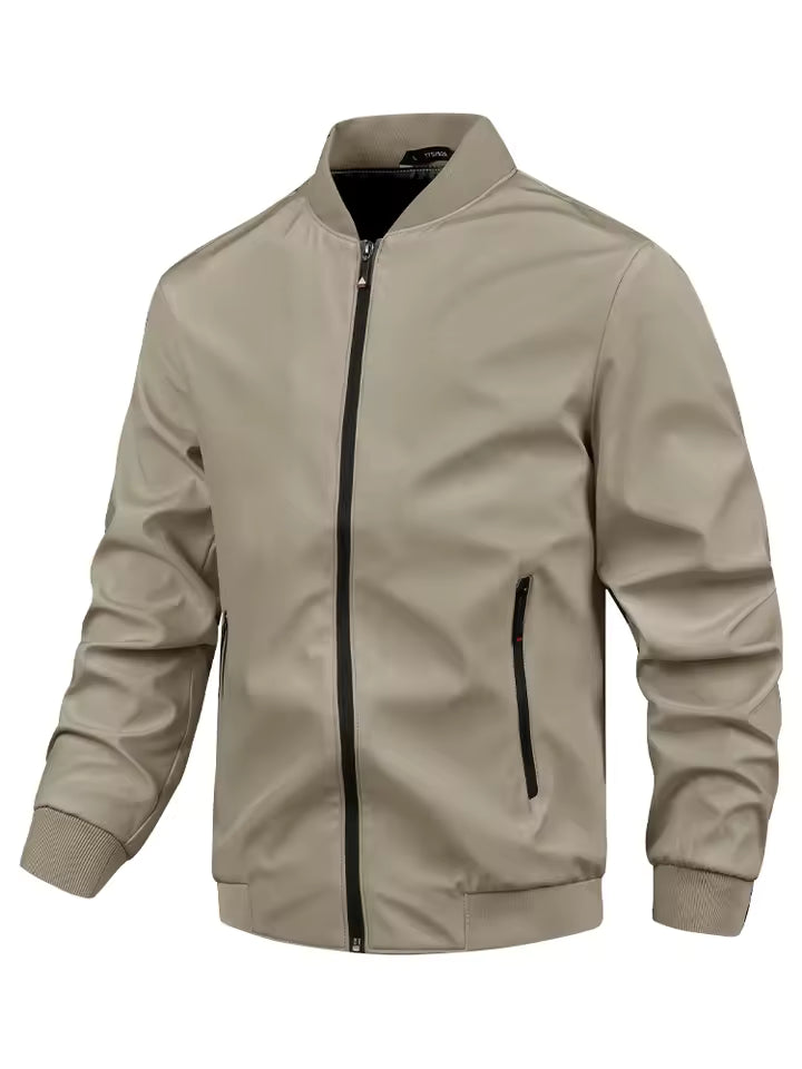 Men's Stand Collar Windproof Jacket With Zipper Closure And Ribbed Trim Regular Fit