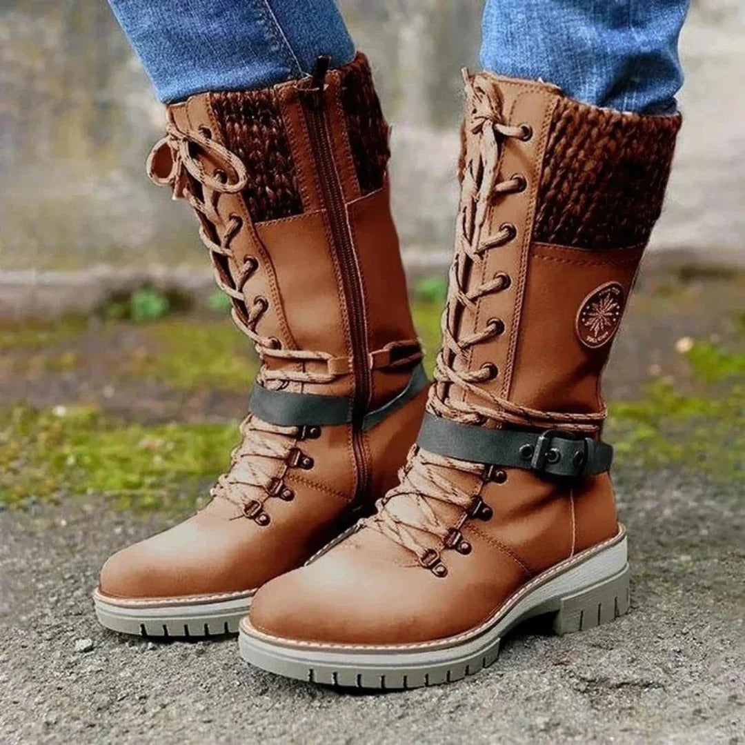 Women's Knee-High Boots with Lace-Up Design and Sturdy Sole