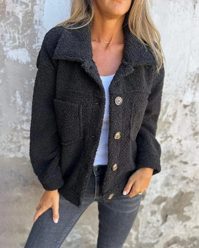 Street Wave Sherpa Button Up Jacket For Women Cozy Casual Warm Outerwear With Front Pockets
