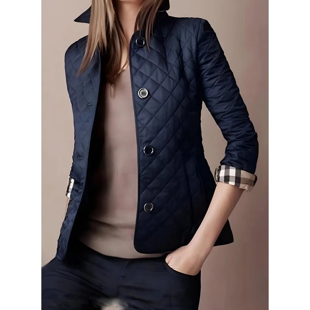 Street-wave Diamond Quilted Jacket With Tailored Fit Hip Length Button Closure For Women