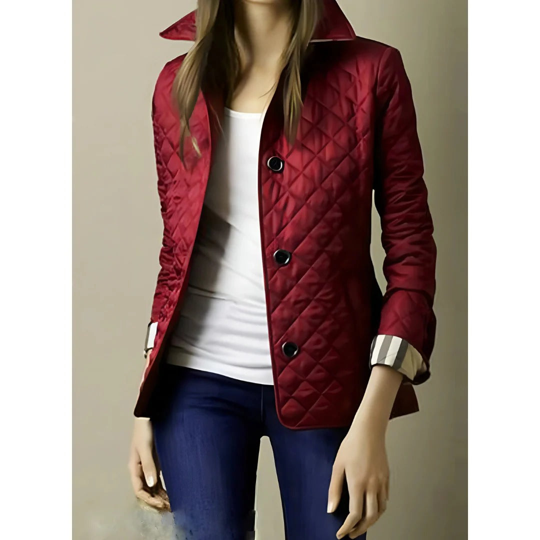 Street-wave Diamond Quilted Jacket With Tailored Fit Hip Length Button Closure For Women