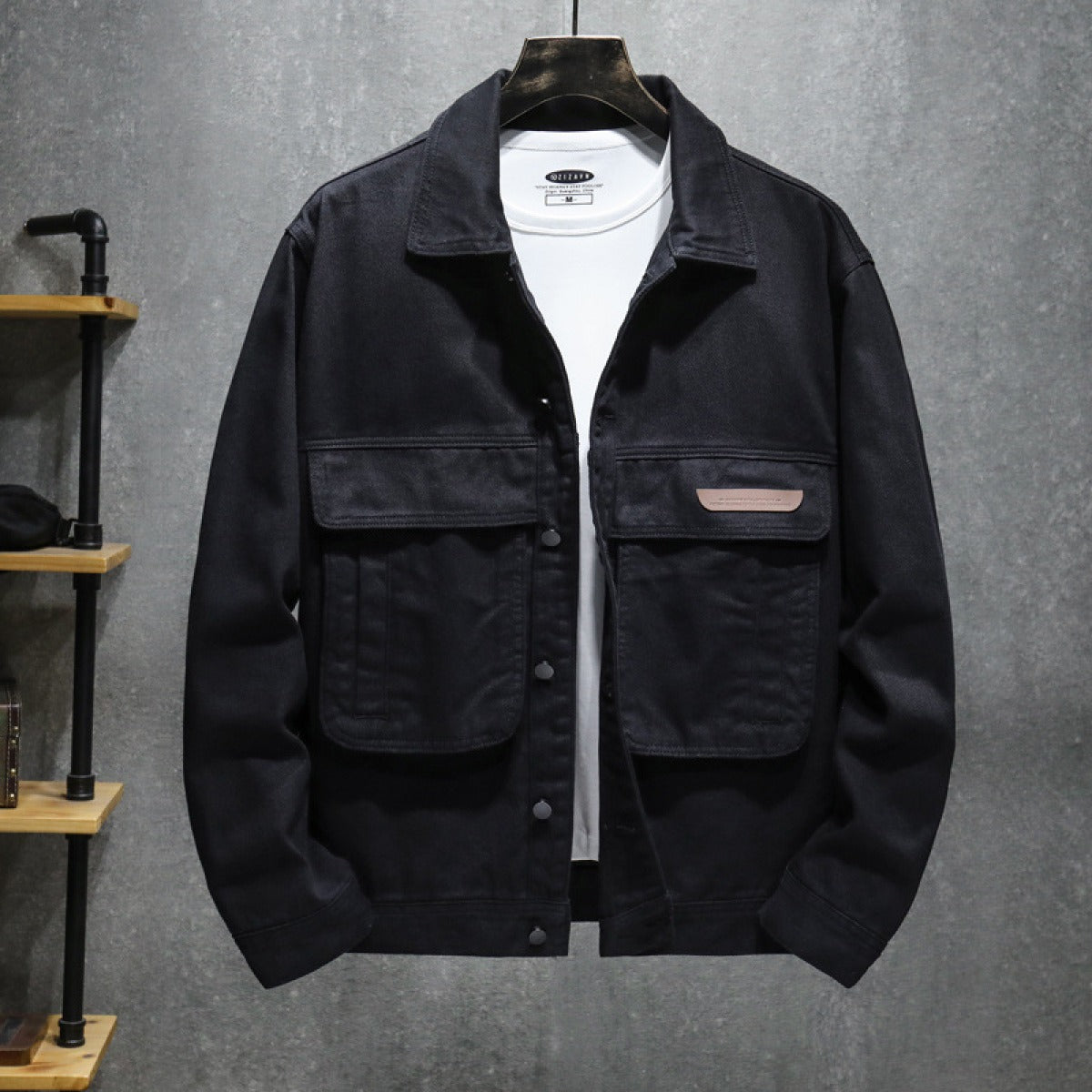 Street Wave Black Utility Jacket For Men With Large Front Pockets And Structured Fit