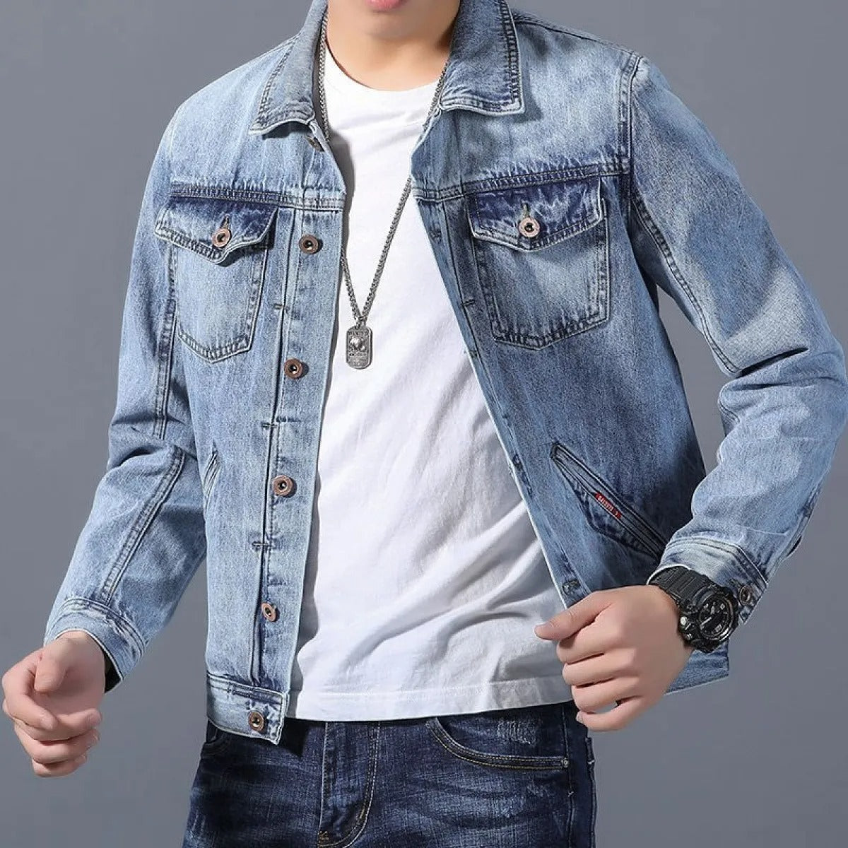 Streetwave Classic Men Denim Jacket With Vintage Wash Four Front Pockets Timeless Style