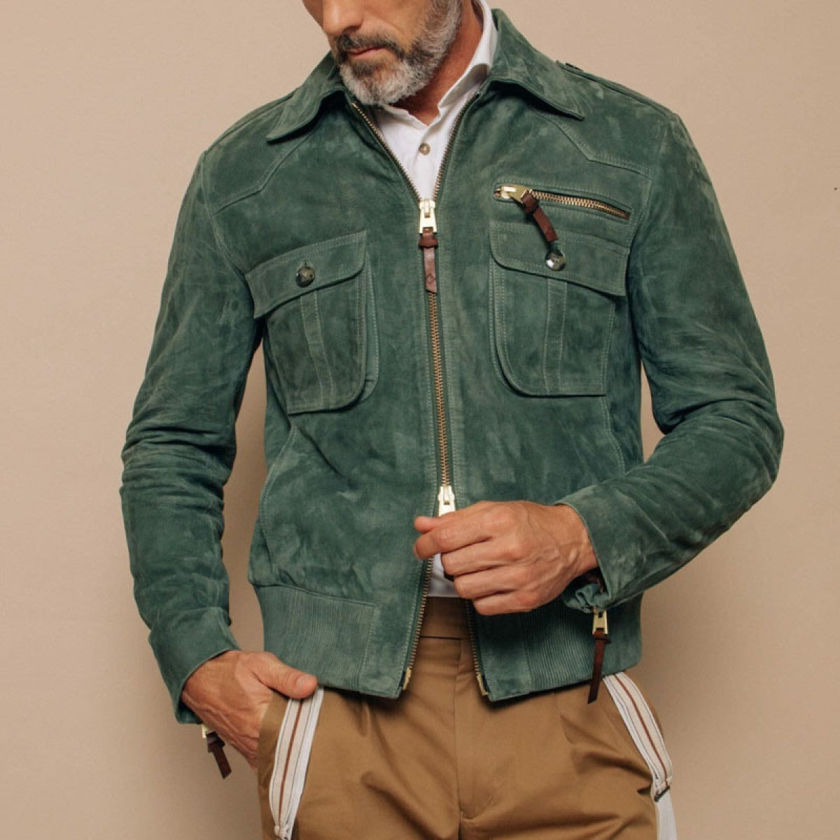Street-wave Synthetic Suede Jacket With Zipper Pockets For Men Durable Versatile Urban Style