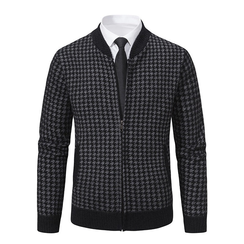 Street Wave Houndstooth Zip Cardigan For Men Classic Versatile Workwear Look For Business And Casual