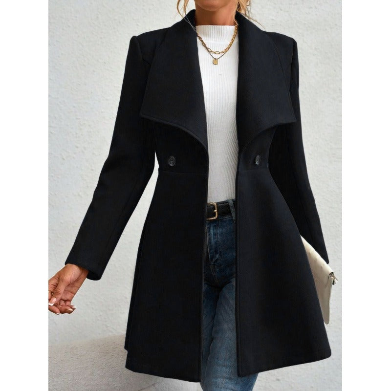 Street-Wave Wool Coat For Women Slim Fit Long Length Figure-Flattering With Classic Lapel