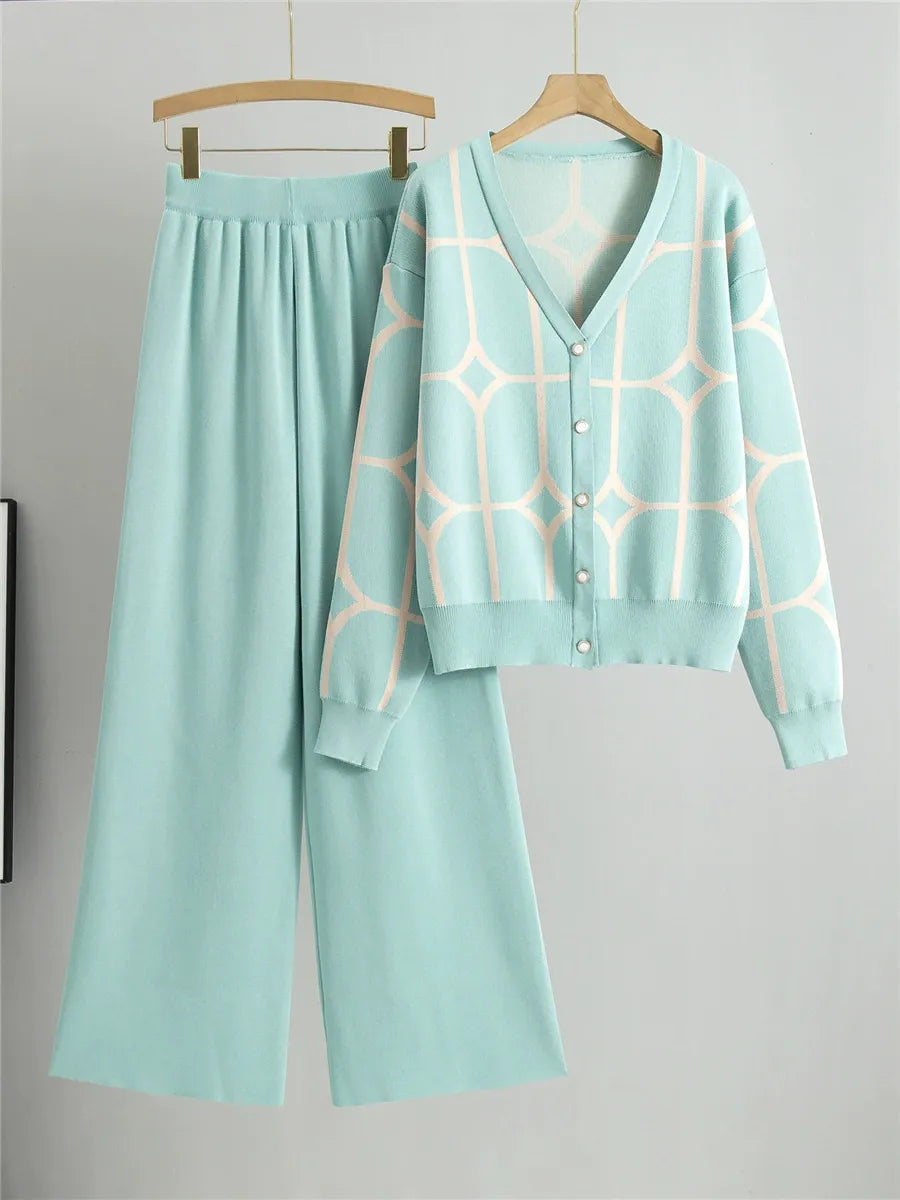 Street-Wave Women's Two-Piece Knitted Cardigan Set Cropped