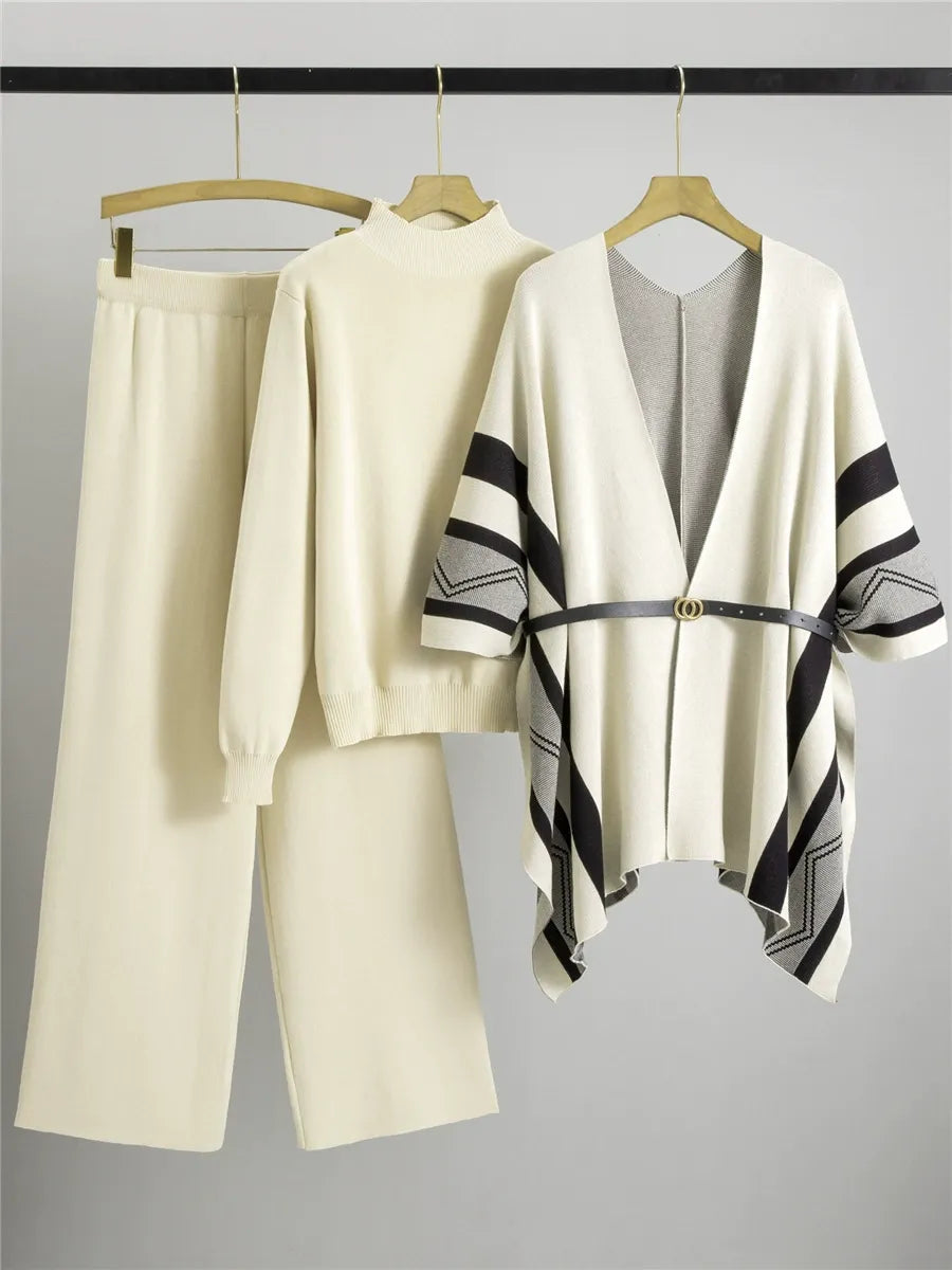 Street-Wave Women's Three-Piece Belted Shawl Cardigan Set With Soft Drape