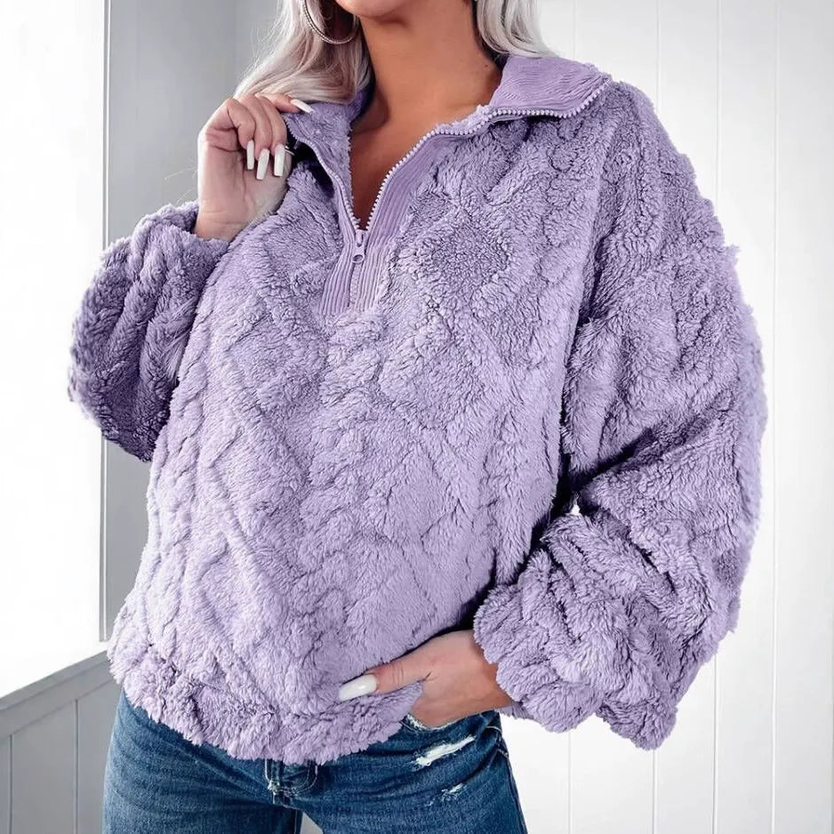 Street Wave Faux Fur Relaxed Fit Half Zip Pink Plush Pullover Sweatshirt For Women