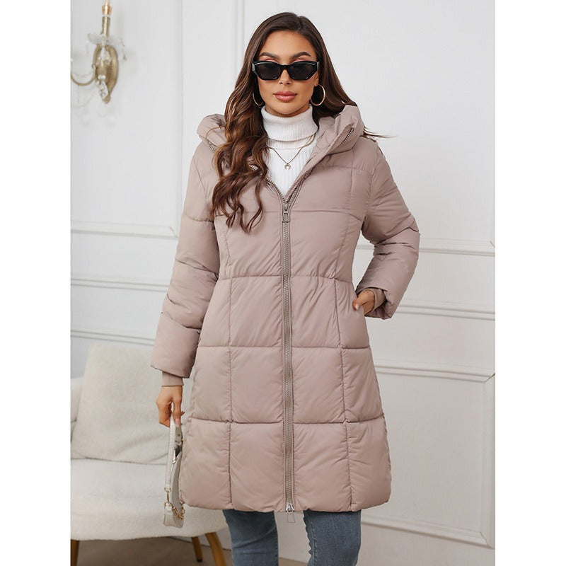 Street-Wave Hooded Puffer Coat For Women, Slim Fit Mid-Length, Zip Front, Cozy Warmth