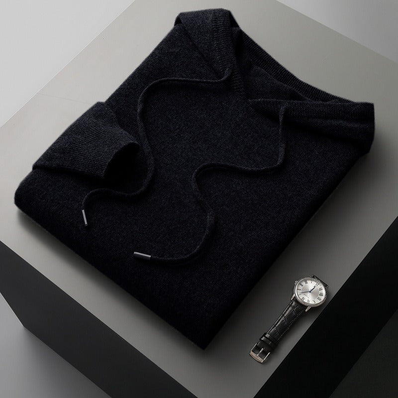 Mens Wool Knit Hoodie Relaxed Fit With Hood Drawstrings Ribbed Trim Cozy Soft Touch Feel