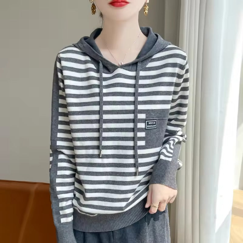 Street-Wave Women's Striped Hoodie Sweater Cozy Relaxed Knit