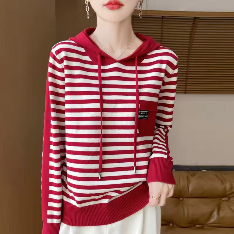 Street-Wave Women's Striped Hoodie Sweater Cozy Relaxed Knit