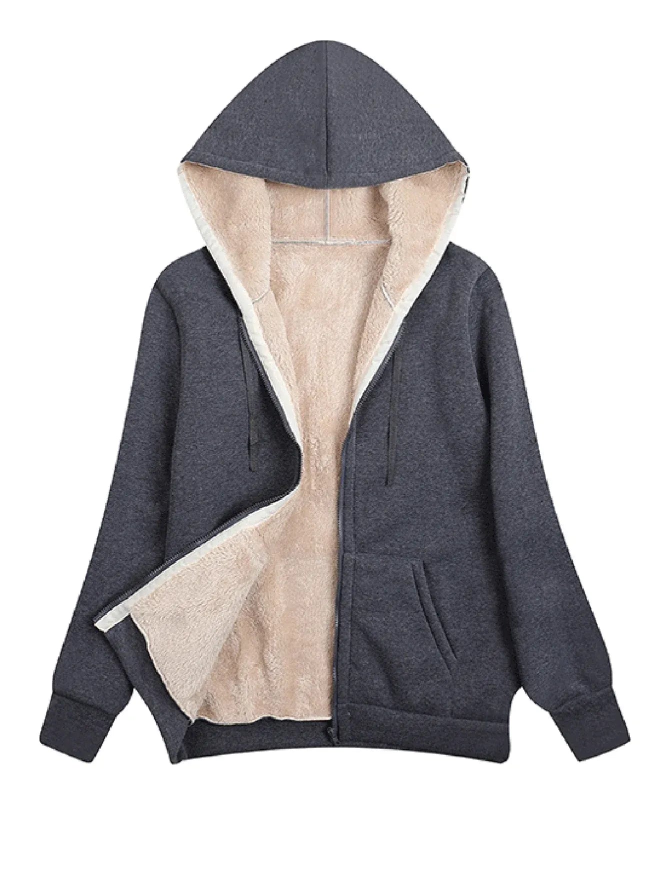 Fleece Jacket Women Street-wave Cozy Plush Lining Hooded Zip Front Relaxed Fit Warm Winter Essential