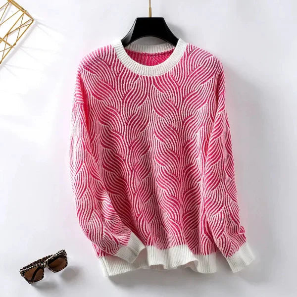 Women's Wool Knit Pullover Sweater Street Wave Loose Striped Round Neck
