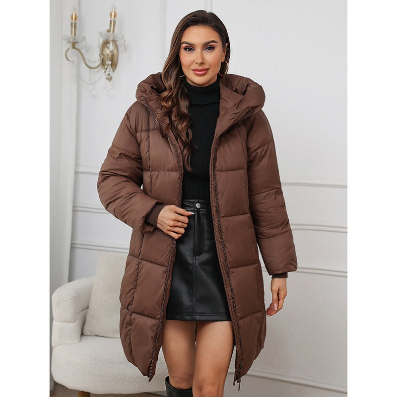 Street-Wave Hooded Puffer Coat For Women, Slim Fit Mid-Length, Zip Front, Cozy Warmth