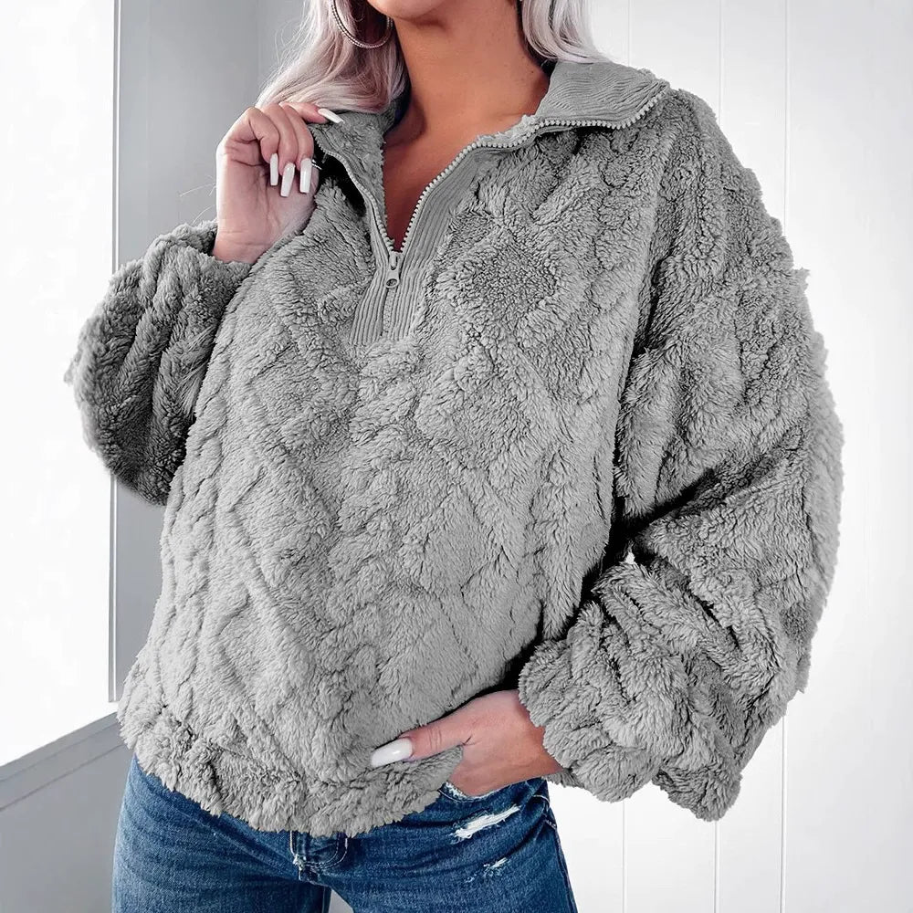 Street Wave Faux Fur Relaxed Fit Half Zip Pink Plush Pullover Sweatshirt For Women