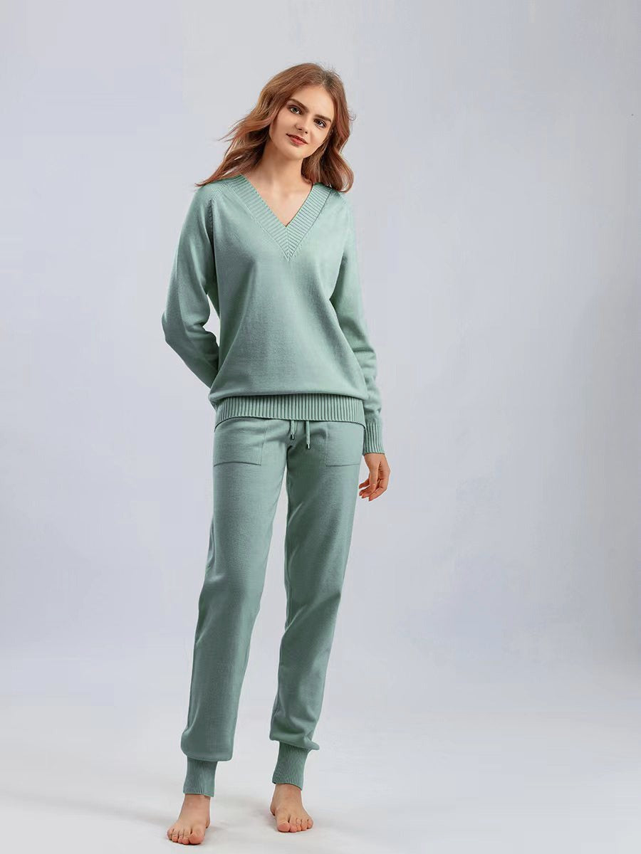 Street Wave Women's Knit Lounge Set V Neck Sweater And Cozy Relaxed Joggers