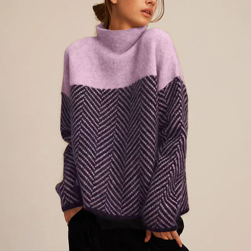Street Wave Chevron Knit Roll Neck Sweater For Women With Cozy Warmth Hip Length Fit Ribbed Cuffs