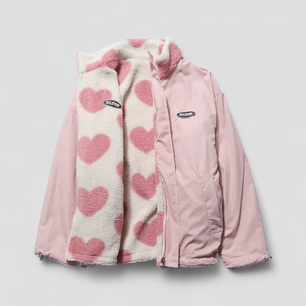 Street-Wave Reversible Down Jacket For Girls With Heart Fleece Lining Cozy Zip Up Coat