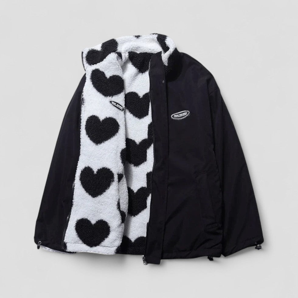 Street-Wave Reversible Down Jacket For Girls With Heart Fleece Lining Cozy Zip Up Coat