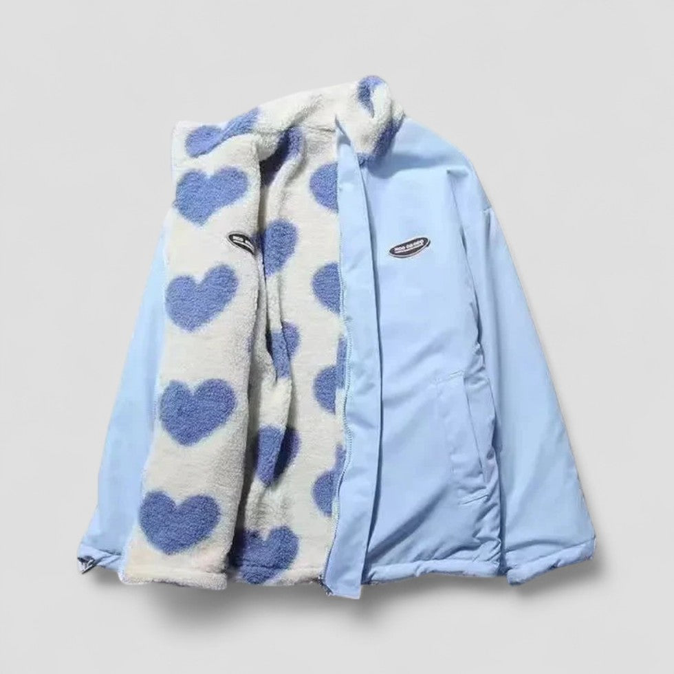 Street-Wave Reversible Down Jacket For Girls With Heart Fleece Lining Cozy Zip Up Coat