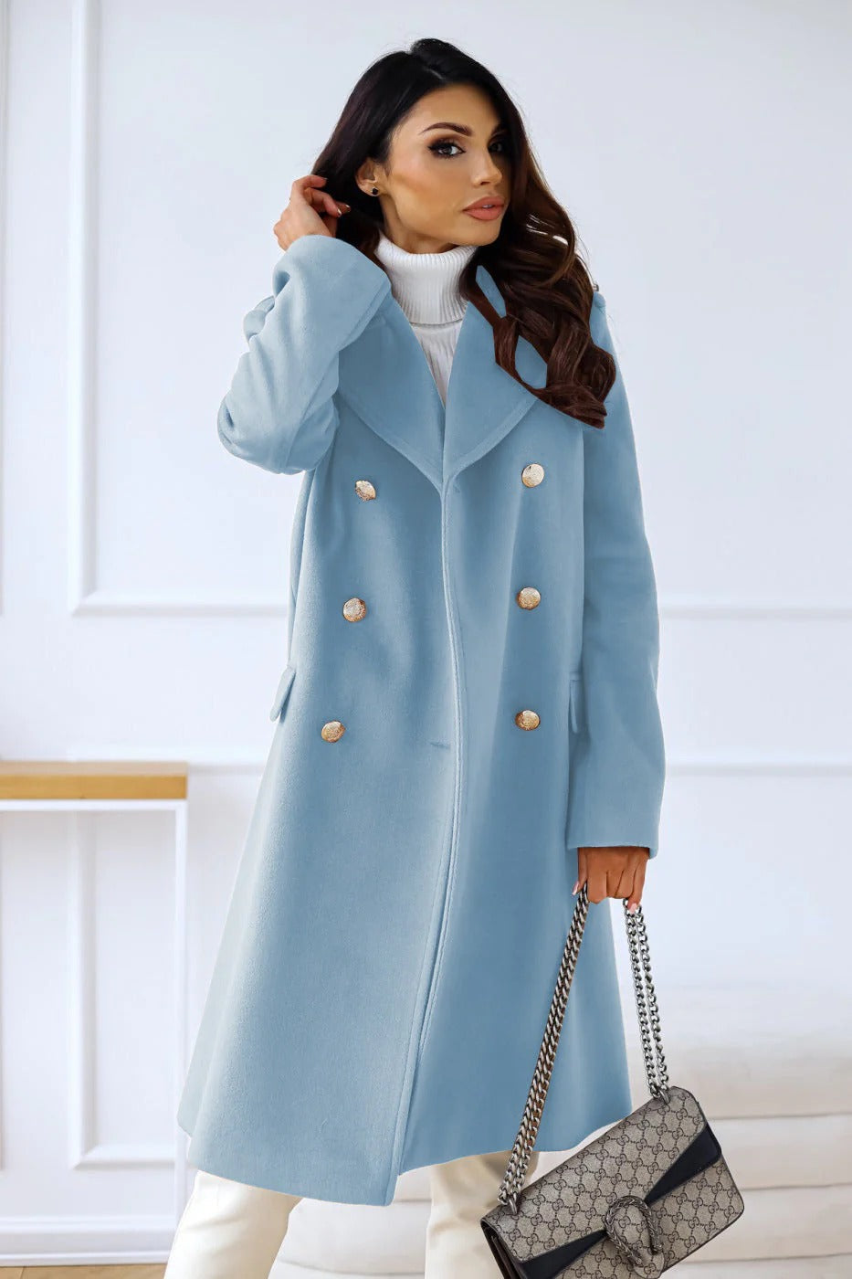 Street Wave Women Wool Blend Long Coat Double Breasted Tailored Fit Camel