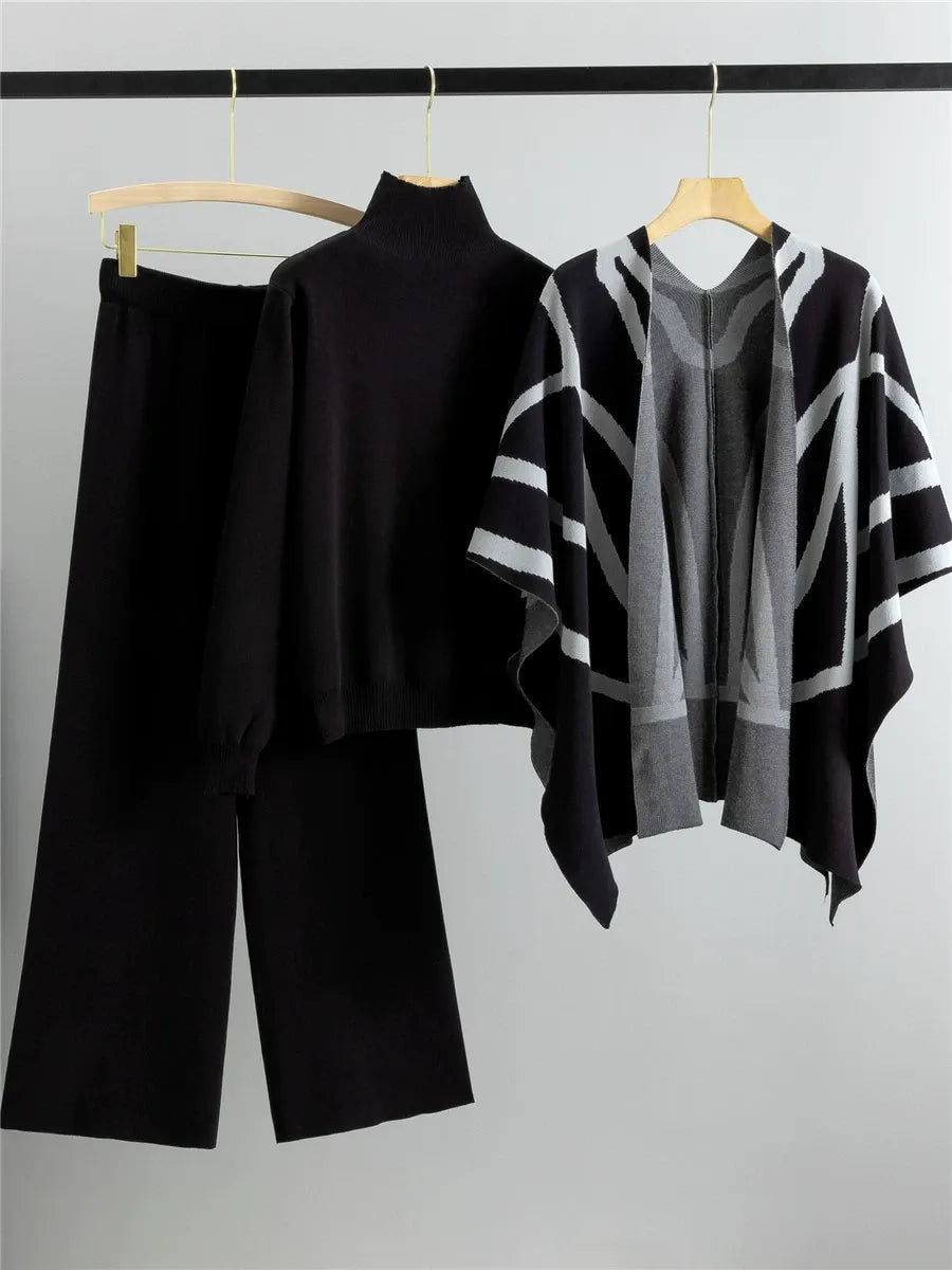 Street-Wave Women Shawl Cape Set Three-Piece Cozy Layering