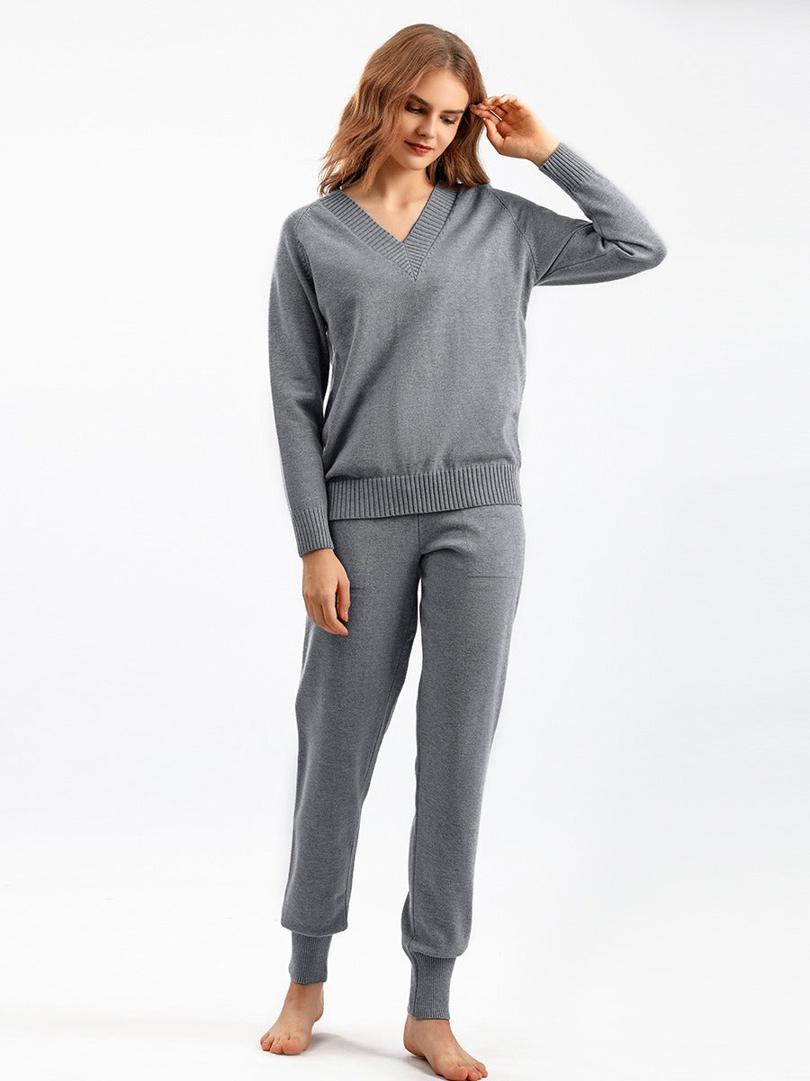 Street Wave Women's Knit Lounge Set V Neck Sweater And Cozy Relaxed Joggers