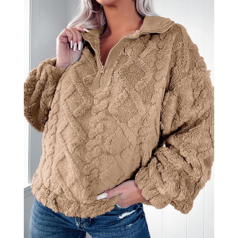 Street-Wave Oversized Plush Fleece Sweatshirt With Half Zip Stand Collar For Women Cozy Warmth
