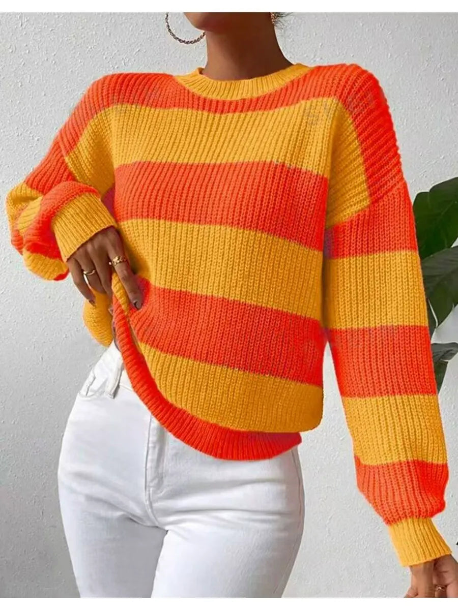 Street-Wave Striped Knit Sweater For Women Soft Cozy Long Sleeve Pullover Wardrobe Essential