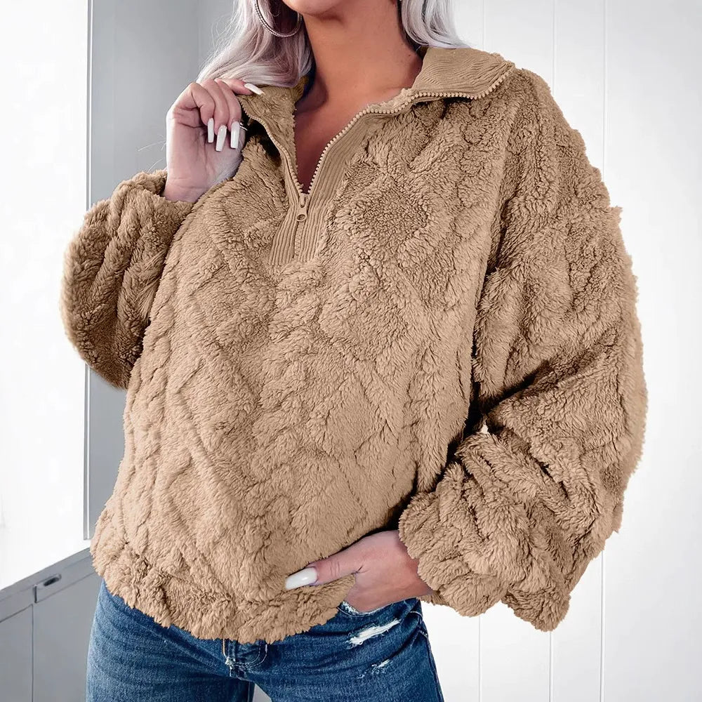 Street Wave Faux Fur Relaxed Fit Half Zip Pink Plush Pullover Sweatshirt For Women