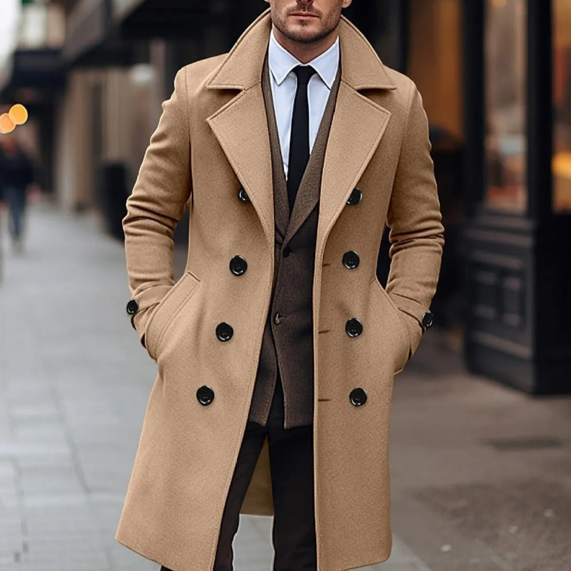Street-Wave Mens Double-Breasted Wool Overcoat Russell With Wide Collar For City Men
