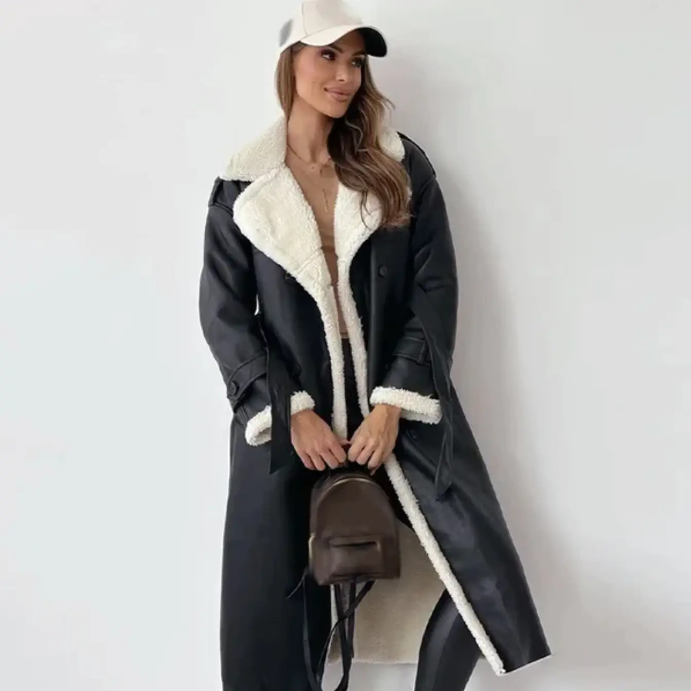 Street-wave Shearling Lined Trench Coat For Women Warm Luxury Double Breasted Winter Ready