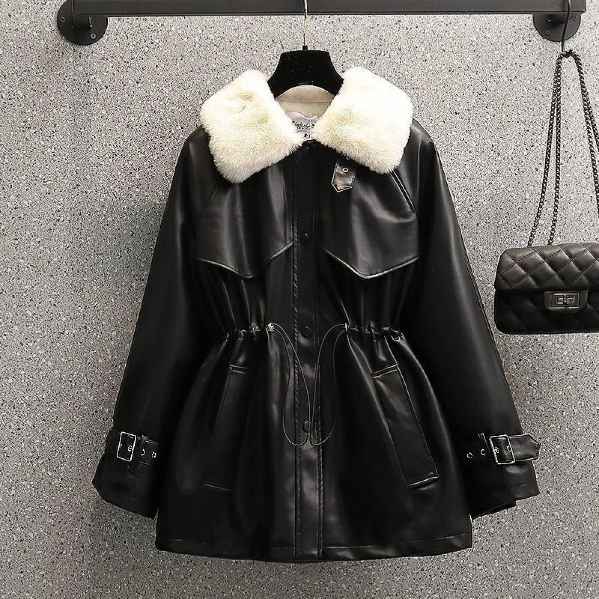 Street Wave Tailored Faux Leather Coat With Detachable Fur Collar For Women Warm Chic Outerwear