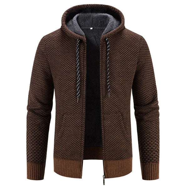 Street-Wave Men's Hooded Cardigan With Plush Lining Knit Texture