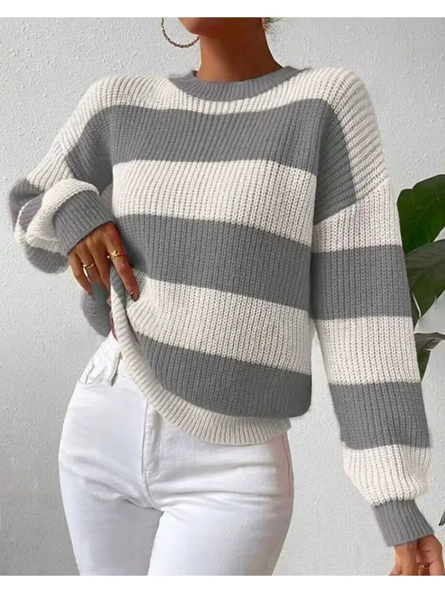 Street-Wave Striped Knit Sweater For Women Soft Cozy Long Sleeve Pullover Wardrobe Essential