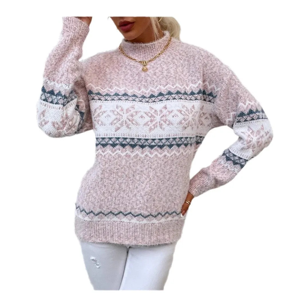 Street-Wave Snowflake Knit Pullover for Women Cozy Warmth with Relaxed Fit Wool Sweater