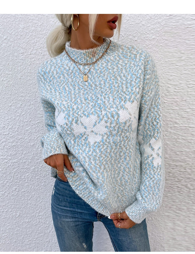 Streetwave Cozy Wool Knit Sweater With Floral Pattern For Women Relaxed Fit High Collar