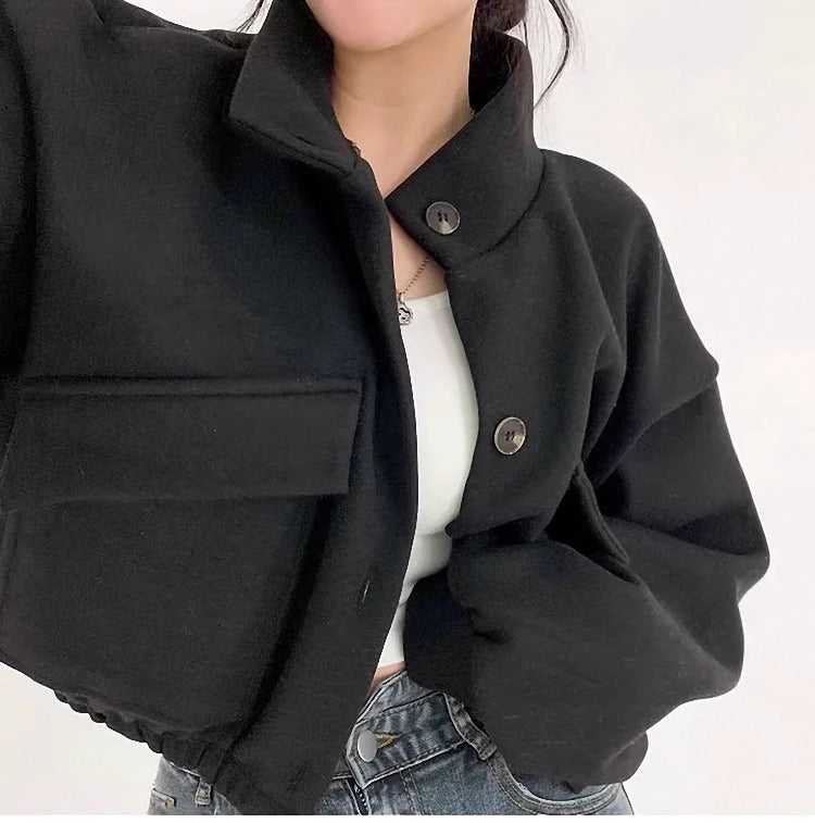 Street Wave Gray Wool Short Jacket For Women Oversized Silhouette Button Stand Collar Versatile Chic