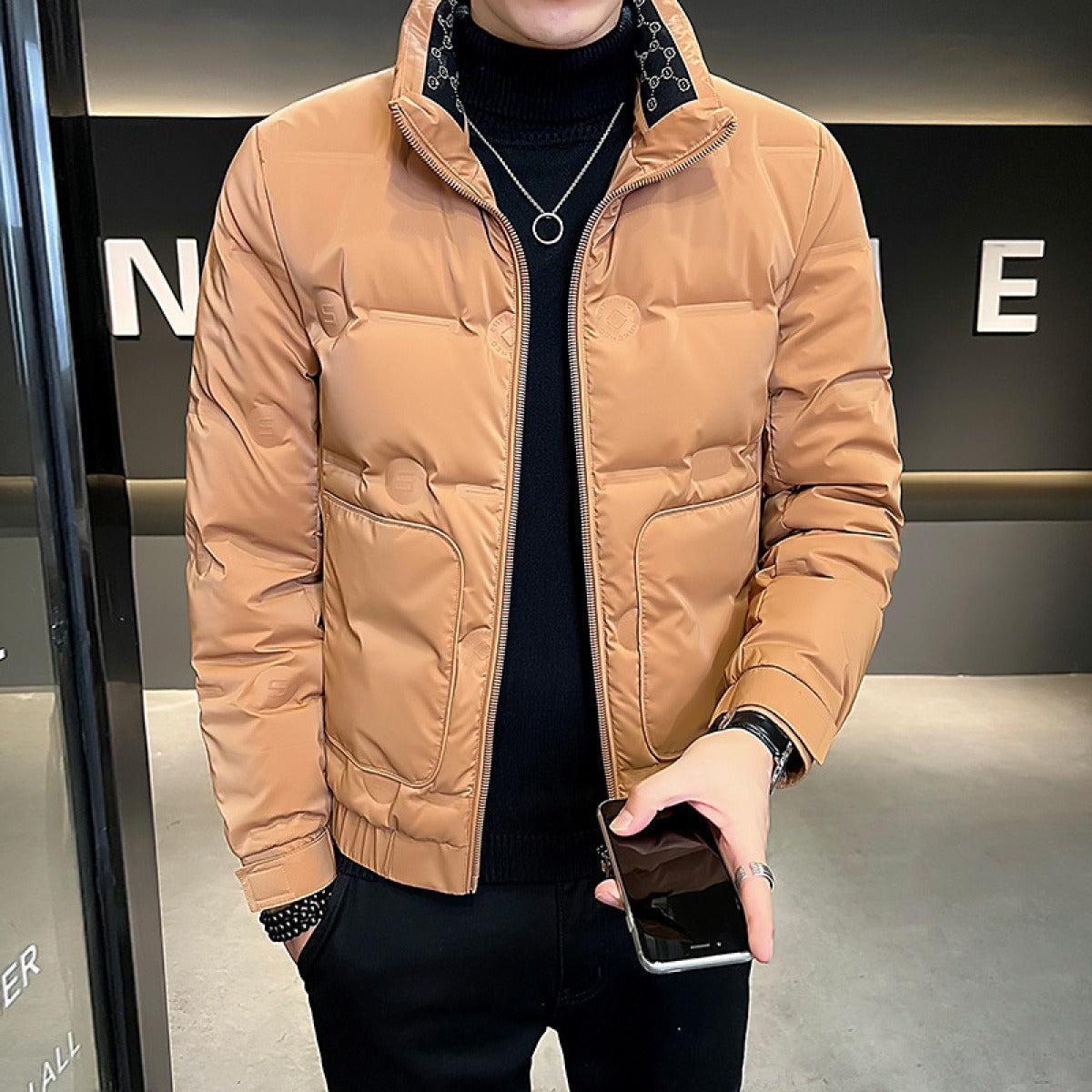 Street-Wave Men Bomber Jacket Windproof Tech Material With Stand Collar And Front Zip
