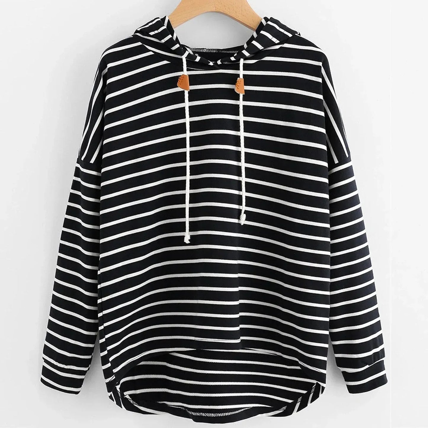 Street-Wave Striped Jersey Knit Hoodie Sweatshirt With Drawstring Hood Cozy For Women