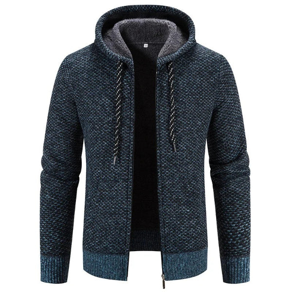 Street-Wave Men's Hooded Cardigan With Plush Lining Knit Texture