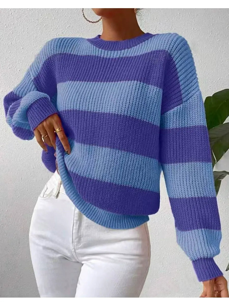 Street-Wave Striped Knit Sweater For Women Soft Cozy Long Sleeve Pullover Wardrobe Essential