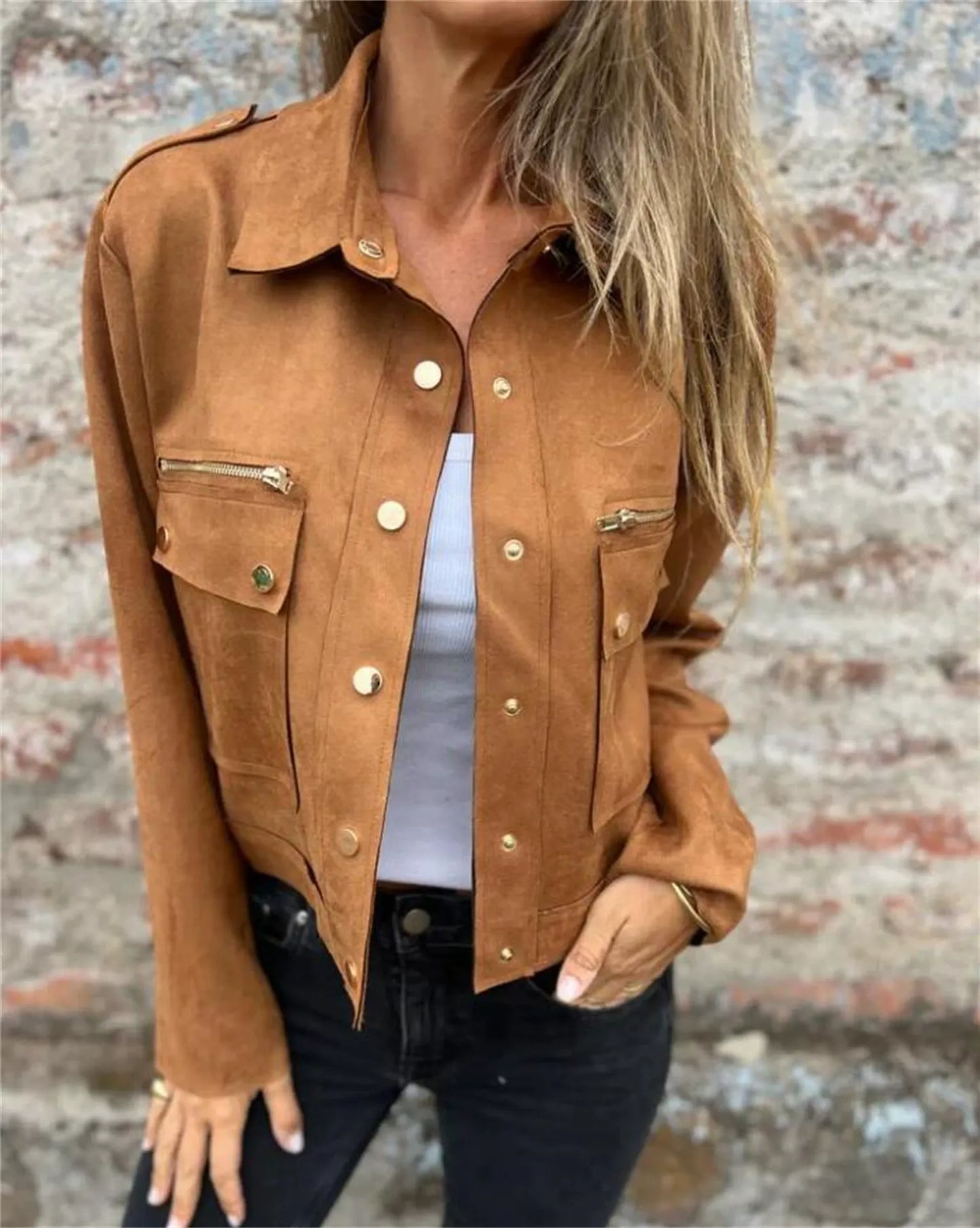 Street-Wave Coat: Figure-Flattering Faux Suede Look With Lapel, Gold Buttons, Zip Closure, Women's Fashion