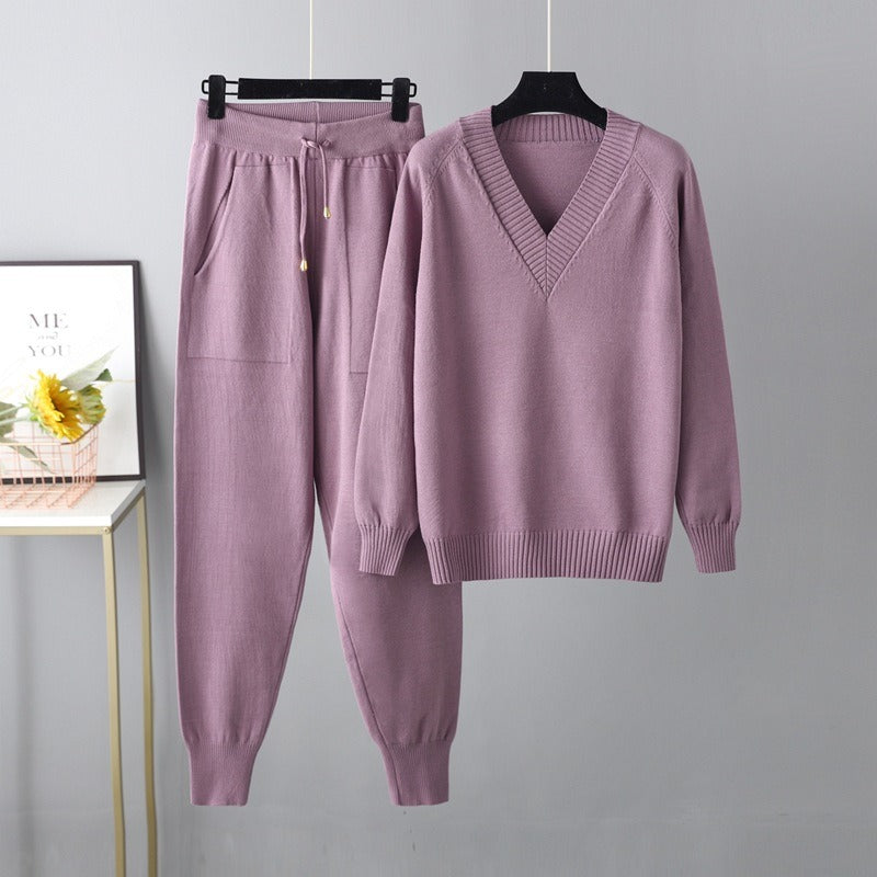 Street Wave Women's Knit Lounge Set V Neck Sweater And Cozy Relaxed Joggers